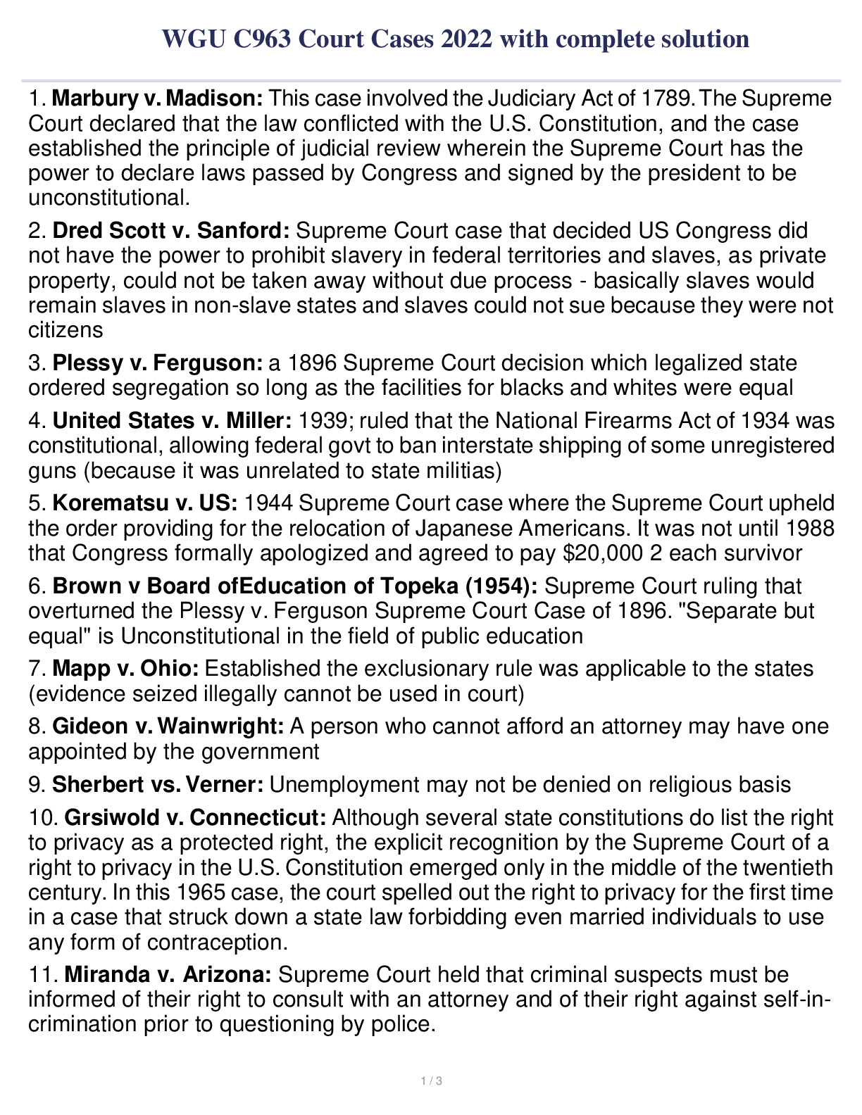 WGU C963 Court Cases 2022 with complete solution Browsegrades